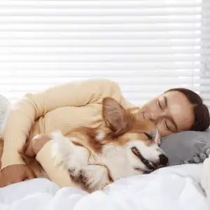 dog and owner sleeping in CT Shoreline home Old Saybrook, CT