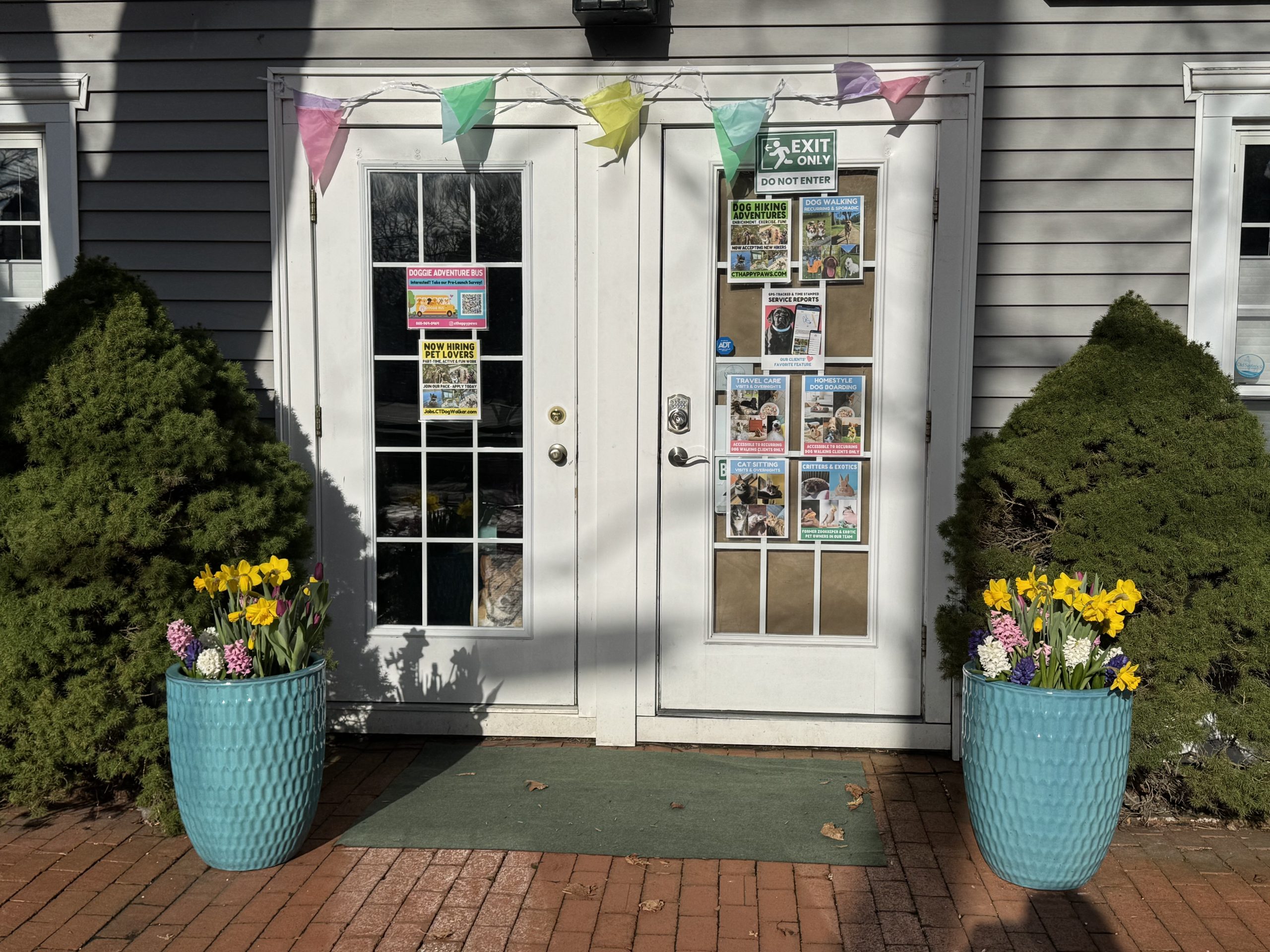 Shoreline Happy Paws office storefront in spring - dog walking Old Saybrook