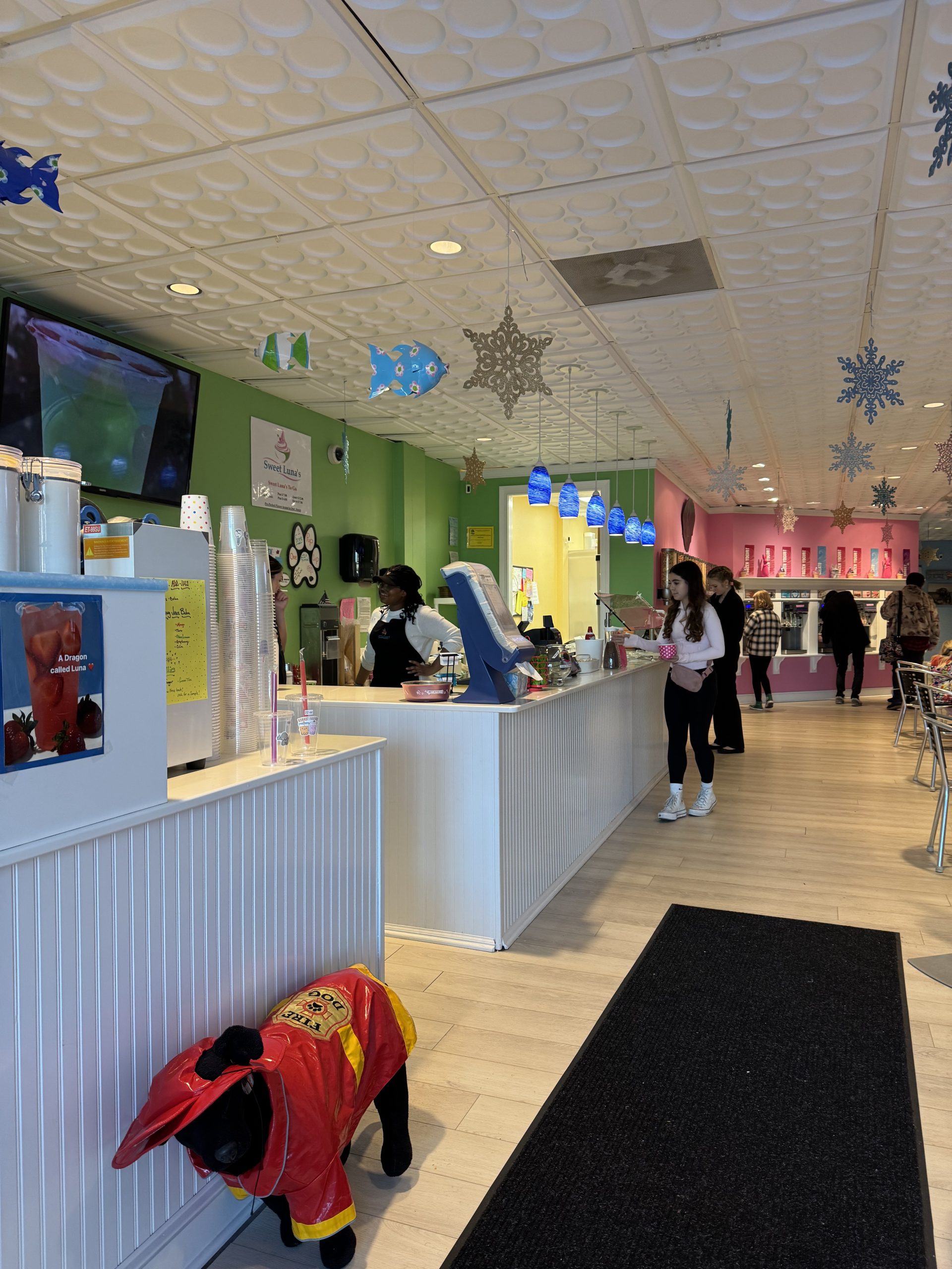 Sweet Luna's pink interior with snowflake decorations in Old Saybrook