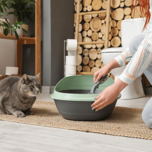 scooping a litter box in CT SHoreline